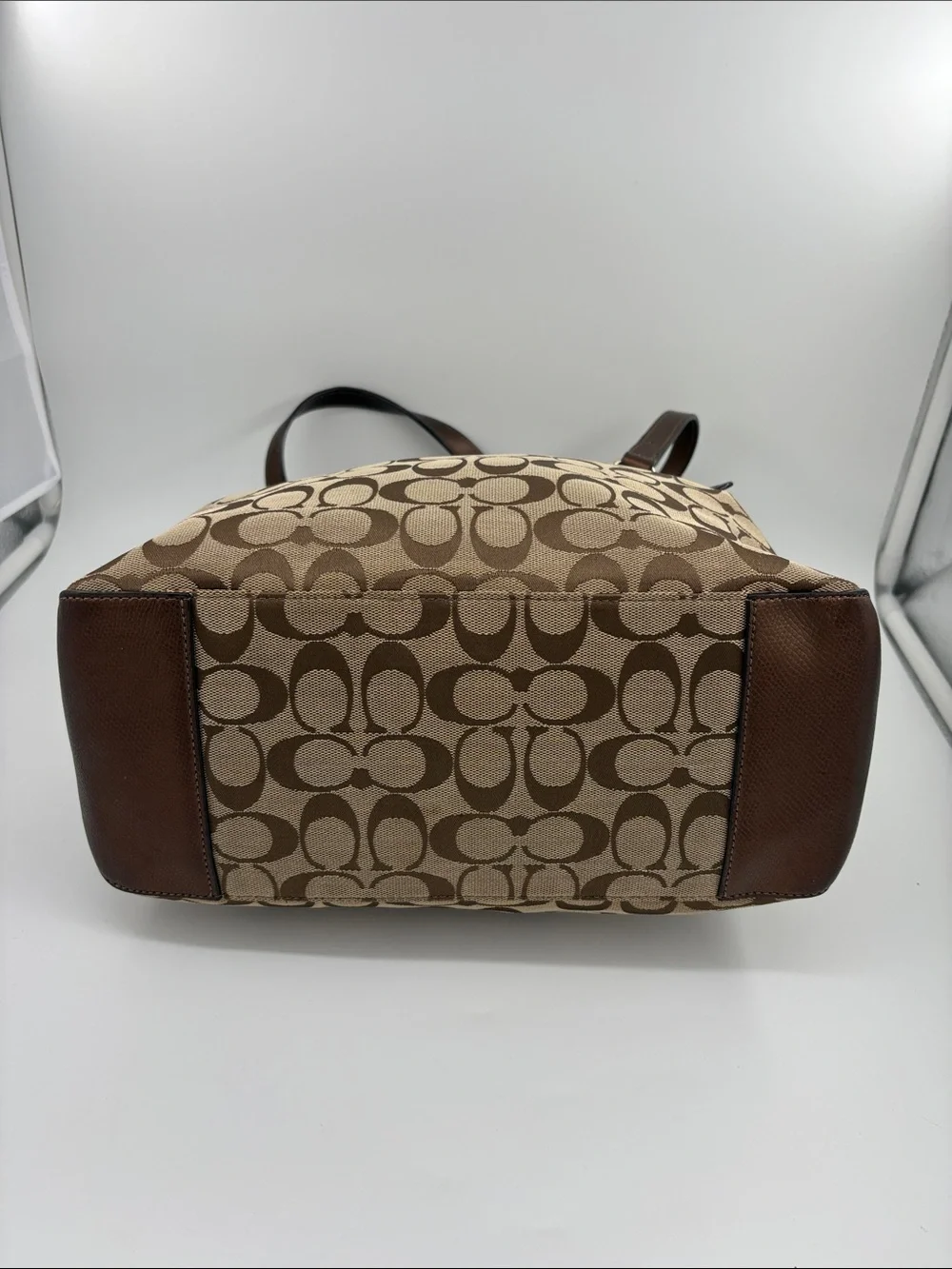 Coach Beige Brown Signature Canvas Tote with Dark Brown Straps